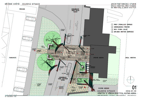 KUTNÁ HORA - HŘBITOV U VŠECH SVATÝCH | Úprava a kultivace prostoru před vstupem - křížení dvou světů. Varianta A.